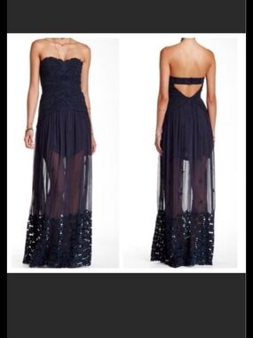Free People Blue Monarch Gown Strapless Navy Lace & Sheer Maxi Dress B8